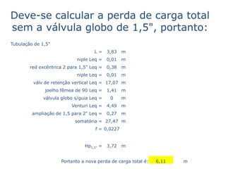 Deve-se calcular a perda de carga total
sem a válvula globo de 1,5", portanto:
Tubulação de 1,5"
                                    L=     3,83   m
                            niple Leq =    0,01   m
        red excêntrica 2 para 1,5" Leq =   0,38   m
                            niple Leq =    0,01   m
         válv de retenção vertical Leq = 17,07 m
              joelho fêmea de 90 Leq =     1,41   m
              válvula globo s/guia Leq =    0     m
                          Venturi Leq =    4,49   m
         ampliação de 1,5 para 2" Leq =    0,27   m
                            somatória = 27,47 m
                                     f = 0,0227


                                Hp1,5" =   3,72   m


                     Portanto a nova perda de carga total é:   6,11   m
 