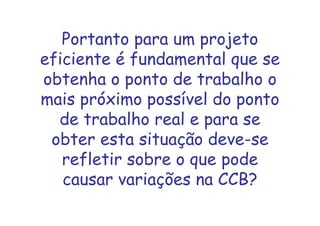 Portanto para um projeto
eficiente é fundamental que se
obtenha o ponto de trabalho o
mais próximo possível do ponto
de trabalho real e para se
obter esta situação deve-se
refletir sobre o que pode
causar variações na CCB?
 