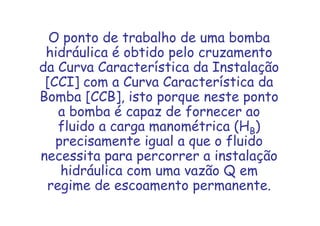 O ponto de trabalho de uma bomba
hidráulica é obtido pelo cruzamento
da Curva Característica da Instalação
[CCI] com a Curva Característica da
Bomba [CCB], isto porque neste ponto
a bomba é capaz de fornecer ao
fluido a carga manométrica (HB)
precisamente igual a que o fluido
necessita para percorrer a instalação
hidráulica com uma vazão Q em
regime de escoamento permanente.
 
