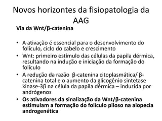 Novos horizontes da fisiopatologia da
AAG
Via da Wnt/β-catenina
• A ativação é essencial para o desenvolvimento do
folículo, ciclo do cabelo e crescimento
• Wnt: primeiro estímulo das células da papila dérmica,
resultando na indução e iniciação da formação do
folículo
• A redução da razão β-catenina citoplasmática/ β-
catenina total e o aumento da glicogênio sintetase
kinase-3β na célula da papila dérmica – induzida por
andrógenos
• Os ativadores da sinalização da Wnt/β-catenina
estimulam a formação do folículo piloso na alopecia
androgenética
 