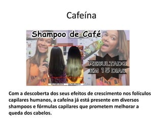 Cafeína
Com a descoberta dos seus efeitos de crescimento nos folículos
capilares humanos, a cafeína já está presente em diversos
shampoos e fórmulas capilares que prometem melhorar a
queda dos cabelos.
 