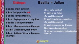 wayra
Diálogo: Basilia = Julian
Basilia: Imam sutiyki?
Julian: Sutiyqa Julianmi.
Basilia: Taytakimantari?
Julian : Taytaymantaqa Jaquima
Basilia: Mamaykimantari?
Julian : Mamaymantaqa Chumpe.
Basilia: Llapan sutiykita niway.
Julian : Sutiyqa, Victoria Jaquima
Chumpe.
¿Cuál es tu nombre?
Mi nombre es Julian.
¿Tu apellido paterno?
Mi apellido paterno es Jaquima.
¿Tu apellido paterno?
Mi apellido materno es Chumpe.
Dime tu nombre completo.
Mi nombre completo es Julian Jaquima
Chumpe
 
