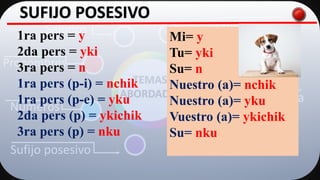 Saludos
Pronombres
Números
Sufijo posesivo
Sufijo kama
Colores
Sufijo kuna
S….
TEMAS
ABORDADOS
SUFIJO POSESIVO
1ra pers = y
2da pers = yki
3ra pers = n
1ra pers (p-i) = nchik
1ra pers (p-e) = yku
2da pers (p) = ykichik
3ra pers (p) = nku
Mi= y
Tu= yki
Su= n
Nuestro (a)= nchik
Nuestro (a)= yku
Vuestro (a)= ykichik
Su= nku
 