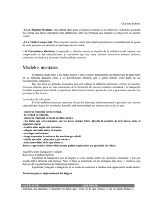 Charlotte Roberts
-A Los Modelos Mentales: una aptitud clave para el dominio personal es la reflexión. El dominio personal
nos otorga una razón importante para reflexionar sobre las premisas que impiden la concreción de nuestra
visión.
-A La Visión Compartida: Para concretar nuestra visión individual necesitaremos inevitablemente la ayuda
de otras personas que deberán ser partícipes de esa visión.
- Al Pensamiento Sistémico: Comprender y ahondar nuestra evaluación de la realidad actual requiere una
comprensión de las interrelaciones y conexiones que hay entre nuestras estructuras internas (valores,
creencias y actitudes), y externas (familia, trabajo, carrera).
Modelos mentales
El término alude tanto a los mapas tácitos y más o menos permanentes del mundo que la gente tiene
en su memoria duradera como a las percepciones efímeras que la gente elabora como parte de sus
razonamientos cotidianos.
Hay dos tipos de aptitudes esenciales para este trabajo: la reflexión (disminuir el ritmo de nuestros
procesos mentales para ser más conscientes de la formación de nuestros modelos mentales) y la indagación
(entablar conversaciones donde compartimos abiertamente nuestros puntos de vista y procuramos conocer las
premisas de los demás).
La escalera de inferencias
El ciclo reflexivo (nuestras creencias afectan los datos que seleccionaremos la próxima vez); nuestra
capacidad para lograr los resultados deseados está menoscabada por nuestra convicción de que:
- nuestras creencias son la verdad.
- la verdad es evidente.
- nuestras creencias se basan en datos reales.
- los datos que seleccionamos son los datos .Según Chris Argyris la escalera de inferencias tiene el
siguiente orden:
- realizo actos según mis creencias.
- adopto creencias sobre el mundo.
- extraigo conclusiones.
- tengo supuestos basados en los sentidos que añadí.
- añado sentidos (culturales y personales).
- selecciono datos de lo que observo.
datos y experiencias observables (como podría capturarlos un grabador de video).
Equilibrio entre indagación y alegato
Rick Ross, Charlotte Roberts
Equilibrar la indagación con el alegato a veces atenta contra las opiniones arraigadas y por eso
resulta difícil dominar esta técnica. Pero el fruto se manifiesto en los enfoques más ricos y creativos que
derivan de la combinación de múltiples perspectivas.
Equilibrar el alegato e indagación es un modo de comenzar a cambiar una organización desde dentro.
Protocolo para el mejoramiento del alegato
QUE HACER QUE DECIR
Exponga sus premisas, y describa los datos que Esto es lo que pienso, y así es como llegué a
 