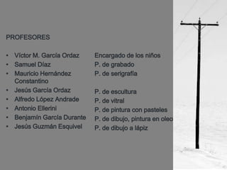 PROFESORESVíctor M. García OrdazSamuel DíazMauricio Hernández ConstantinoJesús García OrdazAlfredo López AndradeAntonio ElleriniBenjamín García DuranteJesús Guzmán EsquivelEncargado de los niñosP. de grabadoP. de serigrafíaP. de esculturaP. de vitralP. de pintura con pastelesP. de dibujo, pintura en oleoP. de dibujo a lápiz  