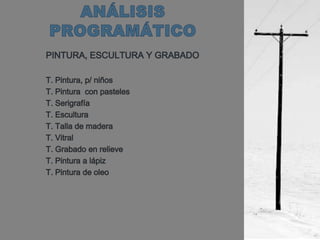 ANÁLISIS PROGRAMÁTICOPINTURA, ESCULTURA Y GRABADOT. Pintura, p/ niñosT. Pintura  con pastelesT. SerigrafíaT. EsculturaT. Talla de maderaT. VitralT. Grabado en relieveT. Pintura a lápizT. Pintura de oleo