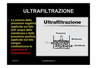 17/01/17 Lupattelli Marilena
ULTRAFILTRAZIONE
•  La somma della
pressione negativa
applicata sul lato
dell’acqua della
membrana e della
pressione positiva
applicata sul lato
sangue
costituiscono la
pressione di
trasmembrana
Ultrafiltrato
Membrana
Pressione
 