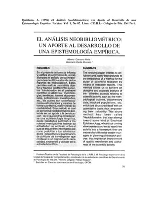 Quintana, A. (1996) El Análisis Neobibliométrico: Un Aporte al Desarrollo de una
Epistemología Empírica. Facetas. Vol. 1, No 02. Lima: C.D.R.L.- Colegio de Psic. Del Perú.