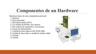 Componentes de un Hardware
Hardware típico de una computadora personal:
1. Monitor.
2. Placa principal.
3. Microprocesador (CPU).
4. Un módulo de RAM y tres ranuras.
5. Dos tarjetas de expansión y tres ranuras.
6. Fuente de alimentación.
7. Unidad de disco óptico (CD; DVD; BD).
8. Unidad de disco duro o unidad de estado sólido.
9. Teclado.
10. Ratón.
 