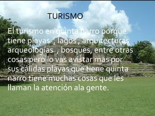El turismo en quinta narro porque tiene playas  , lagos , arquitecturas arqueologías  , bosques, entre otras cosas pero lo vas avistar mas por  sus cálidas playas que tiene quinta narro tiene muchas cosas que les llaman la atención ala gente. TURISMO 