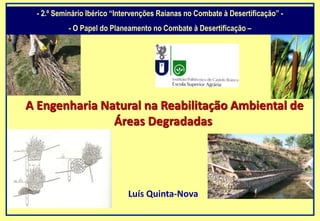 A Engenharia Natural na Reabilitação Ambiental de
Áreas Degradadas
Luís Quinta-Nova
- 2.º Seminário Ibérico “Intervenções Raianas no Combate à Desertificação” -
- O Papel do Planeamento no Combate à Desertificação –
 