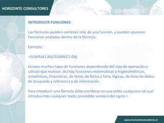 INTRODUCIR FUNCIONES

Las fórmulas pueden contener más de una función, y pueden aparecer
funciones anidadas dentro de la fórmula.

Ejemplo:

=SUMA(A1:B4)/SUMA(C1:D4)

Existen muchos tipos de funciones dependiendo del tipo de operación o
cálculo que realizan. Así hay funciones matemáticas y trigonométricas,
estadísticas, financieras, de texto, de fecha y hora, lógicas, de base de datos,
de búsqueda y referencia y de información.

Para introducir una fórmula debe escribirse en una celda cualquiera tal cual
introducimos cualquier texto, precedida siempre del signo =.
 