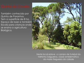 Quinta do Covêlo Também conhecida por Quinta de Paranhos. Tem a superfície de 8 ha. Espaço de lazer e também Escola para crianças onde se ensina a agricultura Biológica. Neste local esteve  o campo de futebol do Velhinho Salgueiros, clube emblemático  da maior freguesia da cidade 