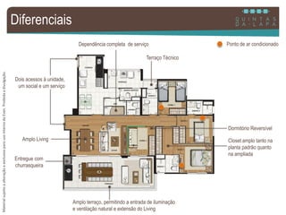 MaterialsujeitoaalteraçãoeexclusivoparausointernodaEven.Proibidaadivulgação.
Diferenciais
Ponto de ar condicionado
Dois acessos à unidade,
um social e um serviço
Entregue com
churrasqueira
Closet amplo tanto na
planta padrão quanto
na ampliada
Amplo Living
Dormitório Reversível
Dependência completa de serviço
Terraço Técnico
Amplo terraço, permitindo a entrada de iluminação
e ventilação natural e extensão do Living
 