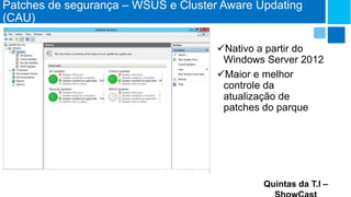 Patches de segurança – WSUS e Cluster Aware Updating
(CAU)
Nativo a partir do
Windows Server 2012
Maior e melhor
controle da
atualização de
patches do parque

Quintas da T.I –

 