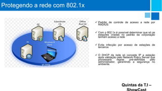 Protegendo a rede com 802.1x
 Padrão de controle de acesso a rede por
RADIUS
 Com o 802.1x é possível determinar que só as
estações criadas no padrão da corporação
tenham acesso a rede
 Evita infecção por acesso de estações de
terceiros
 O DHCP da rede só concede IP a estação
após validação pelo Network Policy Server que
processará
regras
pré-definidas
pelo
administrador, garantindo a segurança no
ambiente.

Quintas da T.I –

 