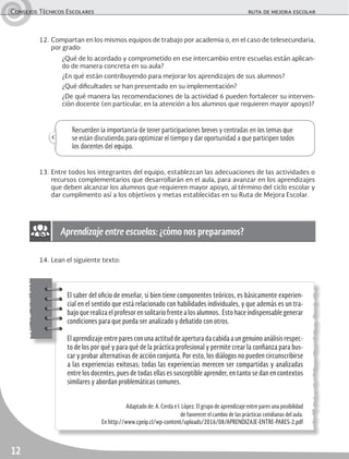 Consejos Técnicos Escolares	 ruta de mejora escolar
12
12.	Compartan en los mismos equipos de trabajo por academia o, en el caso de telesecundaria,
por grado:
	 ¿Qué de lo acordado y comprometido en ese intercambio entre escuelas están aplican-
do de manera concreta en su aula?
	 ¿En qué están contribuyendo para mejorar los aprendizajes de sus alumnos?
	 ¿Qué dificultades se han presentado en su implementación?
	 ¿De qué manera las recomendaciones de la actividad 6 pueden fortalecer su interven-
ción docente (en particular, en la atención a los alumnos que requieren mayor apoyo)?
Recuerden la importancia de tener participaciones breves y centradas en los temas que
se están discutiendo,para optimizar el tiempo y dar oportunidad a que participen todos
los docentes del equipo.
13.	Entre todos los integrantes del equipo, establezcan las adecuaciones de las actividades o
recursos complementarios que desarrollarán en el aula, para avanzar en los aprendizajes
que deben alcanzar los alumnos que requieren mayor apoyo, al término del ciclo escolar y
dar cumplimento así a los objetivos y metas establecidas en su Ruta de Mejora Escolar.
14.	Lean el siguiente texto:
El saber del oficio de enseñar, si bien tiene componentes teóricos, es básicamente experien-
cial en el sentido que está relacionado con habilidades individuales, y que además es un tra-
bajo que realiza el profesor en solitario frente a los alumnos. Esto hace indispensable generar
condiciones para que pueda ser analizado y debatido con otros.
El aprendizaje entre pares con una actitud de apertura da cabida a un genuino análisis respec-
to de los por qué y para qué de la práctica profesional y permite crear la confianza para bus-
car y probar alternativas de acción conjunta. Por esto, los diálogos no pueden circunscribirse
a las experiencias exitosas; todas las experiencias merecen ser compartidas y analizadas
entre los docentes, pues de todas ellas es susceptible aprender, en tanto se dan en contextos
similares y abordan problemáticas comunes.
Adaptado de: A. Cerda e I. López. El grupo de aprendizaje entre pares una posibilidad
de favorecer el cambio de las prácticas cotidianas del aula.
En http://www.cpeip.cl/wp-content/uploads/2016/08/APRENDIZAJE-ENTRE-PARES-2.pdf
Aprendizaje entre escuelas: ¿cómo nos preparamos?
 