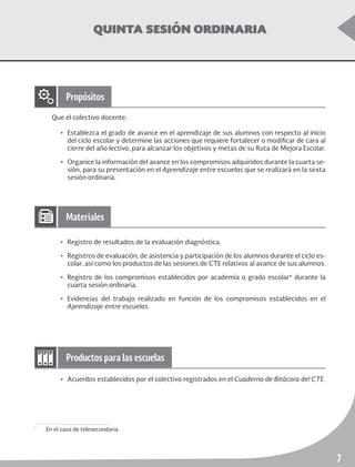 Quinta Sesión Ordinaria	 Educación Secundaria
7
QUINTA SESIÓN ORDINARIA
Que el colectivo docente:
•	 Establezca el grado de avance en el aprendizaje de sus alumnos con respecto al inicio
del ciclo escolar y determine las acciones que requiere fortalecer o modificar de cara al
cierre del año lectivo, para alcanzar los objetivos y metas de su Ruta de Mejora Escolar.
•	 Organice la información del avance en los compromisos adquiridos durante la cuarta se-
sión, para su presentación en el Aprendizaje entre escuelas que se realizará en la sexta
sesión ordinaria.
•	 Registro de resultados de la evaluación diagnóstica.
•	 Registros de evaluación, de asistencia y participación de los alumnos durante el ciclo es-
colar, así como los productos de las sesiones de CTE relativos al avance de sus alumnos.
•	 Registro de los compromisos establecidos por academia o grado escolar* durante la
cuarta sesión ordinaria.
•	Evidencias del trabajo realizado en función de los compromisos establecidos en el
Aprendizaje entre escuelas.
•	 Acuerdos establecidos por el colectivo registrados en el Cuaderno de Bitácora del CTE.
Propósitos
Materiales
Productos para las escuelas
*
	 En el caso de telesecundaria.
 