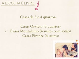 A ESCOLHA É LIVRE


          Casas de 3 e 4 quartos:

        - Casas Orvieto (3 quartos)
 -   Casas Montalcino (4 suítes com sótão)
         - Casas Firenze (4 suítes)
 