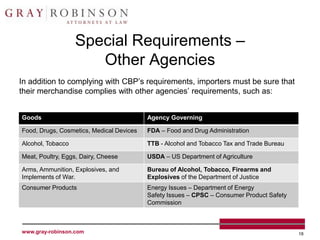 Special Requirements –
                      Other Agencies
In addition to complying with CBP’s requirements, importers must be sure that
their merchandise complies with other agencies’ requirements, such as:


Goods                                     Agency Governing

Food, Drugs, Cosmetics, Medical Devices   FDA – Food and Drug Administration

Alcohol, Tobacco                          TTB - Alcohol and Tobacco Tax and Trade Bureau

Meat, Poultry, Eggs, Dairy, Cheese        USDA – US Department of Agriculture

Arms, Ammunition, Explosives, and         Bureau of Alcohol, Tobacco, Firearms and
Implements of War.                        Explosives of the Department of Justice
Consumer Products                         Energy Issues – Department of Energy
                                          Safety Issues – CPSC – Consumer Product Safety
                                          Commission



www.gray-robinson.com                                                                      18
 