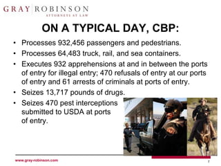 ON A TYPICAL DAY, CBP:
• Processes 932,456 passengers and pedestrians.
• Processes 64,483 truck, rail, and sea containers.
• Executes 932 apprehensions at and in between the ports
  of entry for illegal entry; 470 refusals of entry at our ports
  of entry and 61 arrests of criminals at ports of entry.
• Seizes 13,717 pounds of drugs.
• Seizes 470 pest interceptions
  submitted to USDA at ports
  of entry.




www.gray-robinson.com                                              7
 