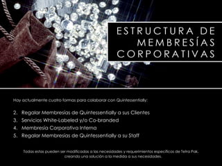 Hay actualmente cuatro formas para colaborar con Quintessentially: Regalar Membresías de Quintessentially a sus Clientes Servicios White-Labeled y/o Co-branded  Membresía Corporativa Interna Regalar Membresías de Quintessentially a su Staff Todas estas pueden ser modificadas a las necesidades y requerimientos específicos de Tetra Pak, creando una solución a la medida a sus necesidades. 