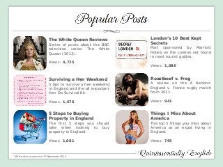 Things I Miss About America The top 5 things you miss about America as an expat living in England. Views: 795 
Surviving a Hen Weekend 
5 tips to survive a hen weekend in England and the all important Hen Do Survival Kit. 
Views: 1,676 
Roastbeef v. Frog 
A review on the 6 Nations’ England v. France rugby match from 2011. 
Views: 941 
London’s 10 Best Kept Secrets 
Post sponsored by Marriott Hotels on the London not found in most tourist guides. 
Views: 1,086 
*All statistics correct as of 01 September 2014. 
5 Steps to Buying Property in England 
The first 5 steps you should take when looking to buy property in England. 
Views: 1,081 
The White Queen Reviews 
Series of posts about the BBC television series The White Queen (2013). 
Views: 4,725  