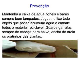 Prevenção

Mantenha a caixa de água, toneis e barris
sempre bem tampados. Jogue no lixo todo
objeto que possa acumular água e embale
todos o material reciclável. Guarde garrafas
sempre de cabeça para baixo, encha de areia
os pratinhos das plantas.
 