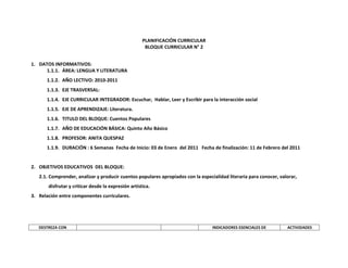 PLANIFICACIÓN CURRICULAR
BLOQUE CURRICULAR N° 2
1. DATOS INFORMATIVOS:
1.1.1. ÁREA: LENGUA Y LITERATURA
1.1.2. AÑO LECTIVO: 2010-2011
1.1.3. EJE TRASVERSAL:
1.1.4. EJE CURRICULAR INTEGRADOR: Escuchar, Hablar, Leer y Escribir para la interacción social
1.1.5. EJE DE APRENDIZAJE: Literatura.
1.1.6. TITULO DEL BLOQUE: Cuentos Populares
1.1.7. AÑO DE EDUCACIÓN BÁSICA: Quinto Año Básico
1.1.8. PROFESOR: ANITA QUESPAZ
1.1.9. DURACIÓN : 6 Semanas Fecha de Inicio: 03 de Enero del 2011 Fecha de finalización: 11 de Febrero del 2011

2. OBJETIVOS EDUCATIVOS DEL BLOQUE:
2.1. Comprender, analizar y producir cuentos populares apropiados con la especialidad literaria para conocer, valorar,
disfrutar y criticar desde la expresión artística.
3. Relación entre componentes curriculares.

DESTREZA CON

INDICADORES ESENCIALES DE

ACTIVIDADES

 