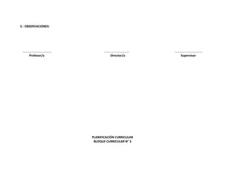 5.- OBSERVACIONES:

……………………………….
Profesor/a

…………………………..
Director/a

PLANIFICACIÓN CURRICULAR
BLOQUE CURRICULAR N° 3

……………………………..
Supervisor

 