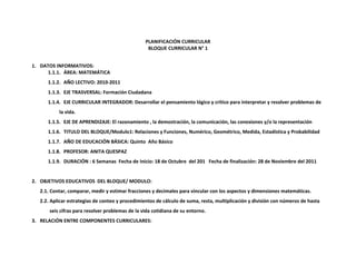 PLANIFICACIÓN CURRICULAR
BLOQUE CURRICULAR N° 1
1. DATOS INFORMATIVOS:
1.1.1. ÁREA: MATEMÁTICA
1.1.2. AÑO LECTIVO: 2010-2011
1.1.3. EJE TRASVERSAL: Formación Ciudadana
1.1.4. EJE CURRICULAR INTEGRADOR: Desarrollar el pensamiento lógico y crítico para interpretar y resolver problemas de
la vida.
1.1.5. EJE DE APRENDIZAJE: El razonamiento , la demostración, la comunicación, las conexiones y/o la representación
1.1.6. TITULO DEL BLOQUE/Modulo1: Relaciones y Funciones, Numérico, Geométrico, Medida, Estadística y Probabilidad
1.1.7. AÑO DE EDUCACIÓN BÁSICA: Quinto Año Básico
1.1.8. PROFESOR: ANITA QUESPAZ
1.1.9. DURACIÓN : 6 Semanas Fecha de Inicio: 18 de Octubre del 201 Fecha de finalización: 28 de Noviembre del 2011

2. OBJETIVOS EDUCATIVOS DEL BLOQUE/ MODULO:
2.1. Contar, comparar, medir y estimar fracciones y decimales para vincular con los aspectos y dimensiones matemáticas.
2.2. Aplicar estrategias de conteo y procedimientos de cálculo de suma, resta, multiplicación y división con números de hasta
seis cifras para resolver problemas de la vida cotidiana de su entorno.
3. RELACIÓN ENTRE COMPONENTES CURRICULARES:

 