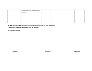 características de los paralelogramos y
trapecios.

4.- BIBLIOGRAFÍA: Actualización y Fortalecimiento Curricular del 5to. Año de EGB.
Bloque 4 - Cuaderno de trabajo y guía del docente.
5.- OBSERVACIONES:

……………………………….
Profesor/a

…………………………..
Director/a

……………………………..
Supervisor

 