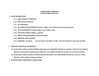 PLANIFICACIÓN CURRICULAR
BLOQUE CURRICULAR N°5y 6
1. DATOS INFORMATIVOS:
1.1.1. ÁREA: LENGUA Y LITERATURA
1.1.2. AÑO LECTIVO: 2010-2011
1.1.3. EJE TRASVERSAL:
1.1.4. EJE CURRICULAR INTEGRADOR: Escuchar, Hablar, Leer y Escribir para la interacción social
1.1.5. EJE DE APRENDIZAJE: Escuchar, Hablar, Leer, Escribir y Texto.
1.1.6. TITULO DEL BLOQUE: Diálogo - Leyendas.
1.1.7. AÑO DE EDUCACIÓN BÁSICA: Quinto Año Básico
1.1.8. PROFESOR: ANITA QUESPAZ
1.1.9. DURACIÓN : 5 Semanas

Fecha de Inicio: 23 de Mayo del 201 Fecha de finalización: 24 de Junio del 2011

2. OBJETIVOS EDUCATIVOS DEL BLOQUES:
2.1. Comprender, analizar y producir Diálogos adecuados con propiedades textuales, los procesos, elementos de la lengua y
objetivos comunicativos específicos para utilizarlos en su realidad inmediata de acuerdo con su función específica.
2.2. Comprender. Analizar y producir leyendas populares apropiadas con la especificidad literaria para conocer, valorar,
disfrutar y criticar desde la expresión artística.
3. RELACIÓN ENTRE COMPONENTES CURRICULARES:

 