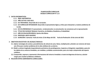 PLANIFICACIÓN CURRICULAR
BLOQUE CURRICULAR N° 5 y 6
1. DATOS INFORMATIVOS:
1.1.1. ÁREA: MATEMÁTICA
1.1.2. AÑO LECTIVO: 2010-2011
1.1.3. EJE TRASVERSAL: Desarrollo de la recreación.
1.1.4. EJE CURRICULAR INTEGRADOR: Desarrollar el pensamiento lógico y crítico para interpretar y resolver problemas de
la vida.
1.1.5. EJE DE APRENDIZAJE: El razonamiento , la demostración, la comunicación, las conexiones y/o la representación
1.1.6. TITULO DEL BLOQUE/ Módulo5: Numérico, de Medida y Estadística y Probabilidad
1.1.7. AÑO DE EDUCACIÓN BÁSICA: Quinto Año Básico
1.1.8. PROFESOR: ANITA QUESPAZ
1.1.9. DURACIÓN: 5 Semanas Fecha de Inicio: 23 de Mayo del 201 Fecha de finalización: 24 de Junio del 2011
2. OBJETIVOS EDUCATIVOS DEL BLOQUE/ MODULO:
2.1. Aplicar estrategias de conteo y procedimientos de cálculo de suma. Resta, multiplicación y división con números de hasta
seis cifras para resolver problemas de la vida cotidiana de su entorno.
2.2. Medir y estimar longitudes (especialmente perímetros de paralelogramos, trapecios y triángulos), capacidades y peso de
los objetos de su entorno inmediato, con medidas y unidades convencionales, para una mejor comprensión del espacio
cotidiano.
2.3. Comprender, expresar y representar informaciones del entorno inmediato a través de diagramas de barras y calcular
rangos para resolver problemas cotidianos.
3. RELACIÓN ENTRE COMPONENTES CURRICULARES:

 