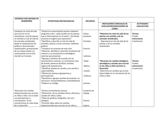 DESTREZA CON CRITERIO DE
DESEMPEÑO

ESTRATEGIAS METIDOLÓGICAS

RECURSOS
INDECADORES ESENCIALES DE
EVALUACIÓN/INDICADORES DE
LOGRO

Comparar los ciclos de vida
que ocurren en los
ecosistemas: ciclo de plantas
sin semillas y ciclo de vida de
los animales vertebrados
desde la interpretación de
gráficos y documentales
audiovisuales, jerarquización
de sus etapas vitales y la
contrastación con el ciclo
vital del ser humano.

-Reconocer los cambios
biopsicosociales que ocurren
en niños y niñas con la edad
con descripciones y
contrastación de las
características en cada etapa
de su desarrollo.

*Activar los conocimientos previos mediante
preguntas como.: ¿Qué sucede con las plantas
que se descomponen en el suelo?, ¿De dónde
proviene el oxigeno que reparamos?
*Identificar y describir el ciclo de vida de
animales, plantas y seres humanos, mediante
gráficos.
*Comparar los procesos de este ciclo.
*Observar, identificar y describir las plantas del
entrono y sus característica morfológicas
externas que presentan
*Agrupar y clasificar de acuerdo con las
características comunes, su consistencia, tipo
de semilla, presencia de flores, tamaño,
órganos de reproducción.
*Identificar plantas sin semilla y con semilla o
espermatofitas.
*Diferenciar plantas angiospermas y
gimnospermas.
*Recolectar y agrupar semillas de acuerdo a su
estructura: monocotiledóneas y dicotiledóneas
*Elaborar un collage.

*Activar conocimientos previos.
*Determinar de los cambios físicos, afectivos y
sociales de niños y niñas.
*Observar gráficos, fotografías del ciclo
biológico.
*formular ideas sobre los cambios
biopsicosociales que ocurren en los niños y

Textos
escolares.
Contexto

ACTIVIDADES
EVALUATIVAS

*Relaciona los ciclos de vida de las
plantas con semillas y de los
animales vertebrados.
- Representa el ciclo de vida de las
plantas y de los animales
vertebrados.

Técnica
Prueba
Instrumento
Cuestionario

*Reconoce los cambios biológicos,
psicológicos y sociales que ocurren
en las niñas y niños durante su
desarrollo.
-Determina los cambios que se han
desarrollado en el crecimiento de los
niños y niñas .

Técnica
Prueba
Instrumento
Cuestionario

Entorno

-Láminas.
-Papel.
-Molino.
-Carbón.
-Fósforos.

Láminas.

Cuaderno de
trabajo.

Colores
Lápices

 