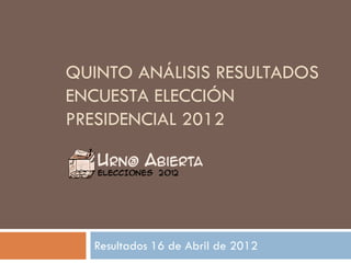 QUINTO ANÁLISIS RESULTADOS
ENCUESTA ELECCIÓN
PRESIDENCIAL 2012




  Resultados 16 de Abril de 2012
 