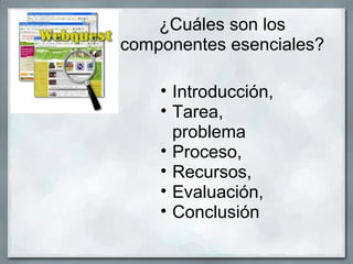 ¿Cuáles son los
componentes esenciales?

    • Introducción,
    • Tarea,
      problema
    • Proceso,
    • Recursos,
    • Evaluación,
    • Conclusión
 