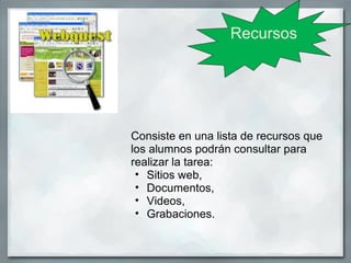 Recursos




Consiste en una lista de recursos que
los alumnos podrán consultar para
realizar la tarea:
 • Sitios web,
 • Documentos,
 • Videos,
 • Grabaciones.
 