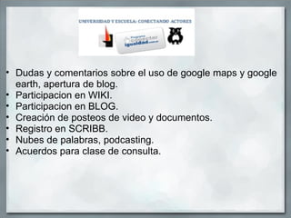 • Dudas y comentarios sobre el uso de google maps y google
  earth, apertura de blog.
• Participacion en WIKI.
• Participacion en BLOG.
• Creación de posteos de video y documentos.
• Registro en SCRIBB.
• Nubes de palabras, podcasting.
• Acuerdos para clase de consulta.
 