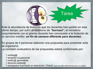 Tarea

Ante la abundancia de licencias que los docentes han pedido en este
ultimo tiempo, por sufrir el síndrome de “burnout”, el ministerio
conjuntamente con el gremio docente han convocado a la licitación de
un servicio insólito: un fin de semana diferente para docentes .

En grupos de 4 personas elaboren una propuesta para presentar ante
tal organismo.
La comisión evaluadora de las propuestas estará conformada por:

   1 sicólog@
   1 terapista ocupacional
   1 medic@ generalista
   1 docente jubilad@
   1 prestigiosa licenciada en educación: Chachi (que se salvo del burnout por un pelito)
 