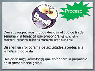 Proceso



Con sus respectivos grupos decidan el tipo de fin de
semana y la temática que propondrá: ej. spa, retiro
espiritual, deportes, tejido en macramé, sexo pleno etc.

Diseñen un cronograma de actividades acordes a la
temática propuesta

Designen un@ secretari@ que defenderá la propuesta
en la presentación grupal
 
