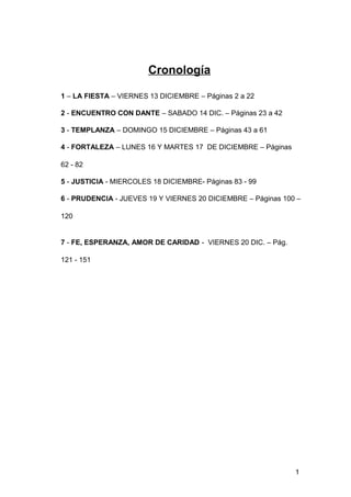 Cronología
1 – LA FIESTA – VIERNES 13 DICIEMBRE – Páginas 2 a 22
2 - ENCUENTRO CON DANTE – SABADO 14 DIC. – Páginas 23 a 42
3 - TEMPLANZA – DOMINGO 15 DICIEMBRE – Páginas 43 a 61
4 - FORTALEZA – LUNES 16 Y MARTES 17 DE DICIEMBRE – Páginas
62 - 82
5 - JUSTICIA - MIERCOLES 18 DICIEMBRE- Páginas 83 - 99
6 - PRUDENCIA - JUEVES 19 Y VIERNES 20 DICIEMBRE – Páginas 100 –
120
7 - FE, ESPERANZA, AMOR DE CARIDAD - VIERNES 20 DIC. – Pág.
121 - 151
1
 