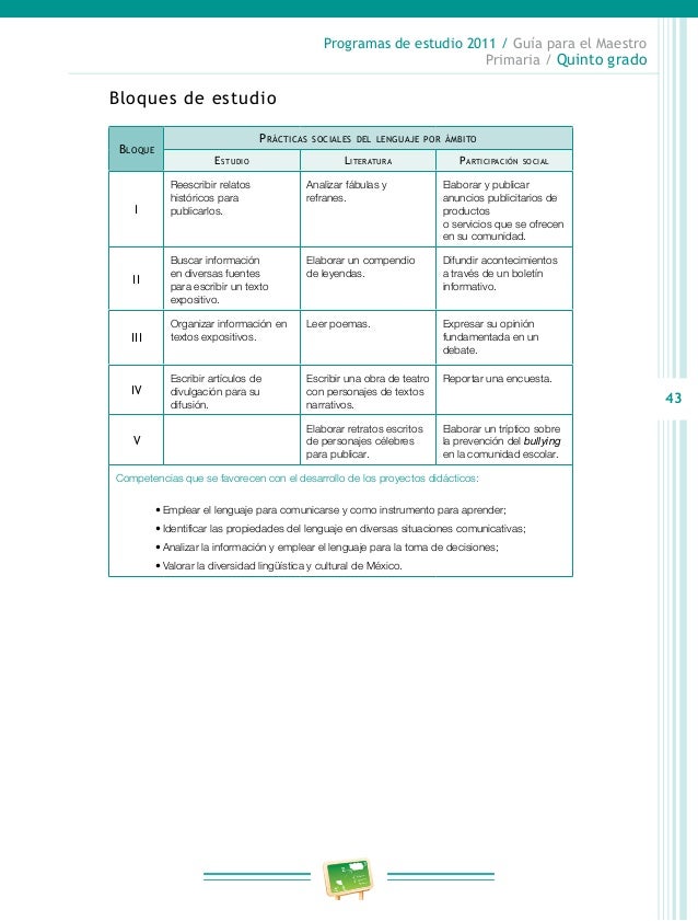 Programa de estudios 2011 quinto grado primaria guía para el maestro