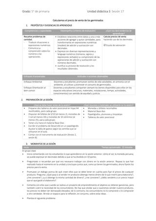 Grado: 5° de primaria Unidad didáctica 3: Sesión 17
Calculamos el precio de venta de los germinados
1. PROPÓSITOS Y EVIDENCIAS DE APRENDIZAJE
Competencias y capacidades Desempeños (criterios de evaluación) ¿Qué nos dará evidencia de
aprendizaje?
Resuelve problemas de
cantidad.
- Traduce situaciones a
expresiones numéricas.
- Comunica su
comprensión sobre los
números y las
operaciones.
 Establece relaciones entre datos y una o más
acciones de agregar y quitar cantidades, para
transformarlas en expresiones numéricas
(modelo) de adición y sustracción con
decimales.
 Expresa con diversas representaciones y
lenguaje numérico (números, signos y
expresiones verbales) su comprensión de las
operaciones de adición y sustracción con
números decimales.
 Justifica su proceso de resolución y los
resultados obtenidos.
Calcula precios de venta
haciendo uso de los decimales.
 Escala de valoración
2. PREPARACIÓN DE LA SESIÓN
¿Qué se debe hacer antes de la sesión? ¿Qué recursos o materiales se utilizarán en la sesión?
 Preparar dos tableros de valor posicional en hojas A4
reutilizables, para cada grupo.
 Disponer de billetes de S/10 (al menos 2), monedas de
1 sol (al menos 10) y monedas de 10 céntimos (al
menos 25), para cada grupo.
 Tener a la mano el material Base Diez.
 Escribir el problema de Desarrollo en un papelógrafo.
Ajustar la tabla de gastos según las semillas que se
utilizaron en el aula.
 Contar con el instrumento de evaluación (Anexo 2,
sesión 8).
 Monedas y billetes recortables
 Material Base diez
 Papelógrafos, plumones y limpiatipo
 Tableros de valor posicional
3. MOMENTOS DE LA SESIÓN
Inicio Tiempo aproximado: 15 minutos
En grupo clase
 Inicia comentando con los estudiantes lo que aprendieron en la sesión anterior: cómo el sol, la moneda peruana,
se puede expresar en decimales debido a que se ha dividido en 10 partes.
 Pregúntales si recuerdan por qué era necesario trabajar con dinero en la sesión anterior. Repasa lo que han
realizado hasta el momento en la unidad y concluyan juntos que, como ya tienen los germinados, ahora fijarán los
precios para la venta.
 Promueve un diálogo acerca de qué creen ellos que se debe tener en cuenta para fijar el precio de cualquier
producto. Pregunta: ¿Qué pasa si al vender mi producto obtengo menos dinero de lo que invertí para elaborarlo?,
¿me conviene?; ¿y si obtengo la misma cantidad de dinero?, ¿me conviene?; ¿debo venderlo a un precio mayor
que el que gasté al elaborarlo?
 Comenta con ellos que cuando se realiza un proyecto de emprendimiento el objetivo es obtener ganancias, pero
también cubrir la necesidad de los consumidores. No hay que olvidar que si queremos vender nuestro producto,
los precios no deben ser demasiado elevados; de lo contrario, los consumidores no lo comprarán o lo comprarán
a otro vendedor. Brinda un espacio para la reflexión, en conjunto, sobre estas ideas.
 Plantea el siguiente problema:
Enfoques transversales Actitudes o acciones observables
Enfoque Ambiental Docentes y estudiantes promueven estilos de vida saludables, en armonía con el
ambiente, al cultivar y promover el consumo de germinados.
Enfoque Orientación al
bien común
Docentes y estudiantes comparten siempre los bienes disponibles para ellos en los
espacios educativos (recursos, materiales, instalaciones, tiempo, actividades,
conocimientos) con sentido de equidad y justicia.
 