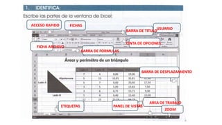 ACCESO RAPIDO FICHAS
FICHA ARCHIVO
BARRA DE TITULO
CINTA DE OPCIONES
ETIQUETAS
BARRA DE FORMULAS
USUARIO
PANEL DE VISTAS
BARRA DE DESPLAZAMIENTO
ZOOM
AREA DE TRABAJO
