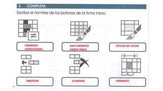 FORMATO
CONDICIONAL
DAR FORMATO
COMO TABLA
ESTILOS DE CELDA
FORMATOELIMINARINSERTAR