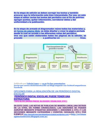 En la etapa de edición se deben corregir los textos y también
procurar que la información este bien interpretada. Por eso, en esta
etapa el editor revisa los textos del periódico con el fin de pulirlos:
agregar puntos, quitar información, corroborar datos y dar
uniformidad a la publicación.
En la etapa de armada el diagramador reúne todos los materiales y,
en forma de página Web, se debe diseñar y crear la página portada
desde la cual se accede a las diferentes notas del periódico.
Una vez que estén elaboradas todas las páginas de la edición, se
procede a publicarlas en línea.
Publicado por Valeria Lopez en 14:42 No hay comentarios:
Enviar por correo electrónicoEscribe un blogCompartir con TwitterCompartircon
Facebook
OPCIONES PARA LA REALIZACIÓN DE UN PERIÓDICO DIGITAL
ESCOLAR
PERIÓDICO DIGITAL ESCOLAR, PUEDE TENER UNA
ESTRUCTURA:
*TIPO BLOG (WORD PRESS, BLOGGER, EDUBLOGS, ETC.)
EN ESTE CASO, LAS NOTAS SE PUBLICAN DE MANERA LINEAL,UNA DETRÁS
DE LA OTRA, EN FORMA CRONOLÓGICA, LAS EDICIONES SE PUEDEN
AGRUPAR MEDIANTE ETIQUETAS (EDICIONES 1, EDICIONES 2, ETC.) Y LAS
SECCIONES MEDIANTE CATEGORÍAS ( EVENTOS, SOCIALES, ETC.) POR
EJEMPLO: http://periodicoescolardelpablosorozabal.wordpress.com/ o http://revistam
agisterioelrecreo.blogspot.com.ar/
 