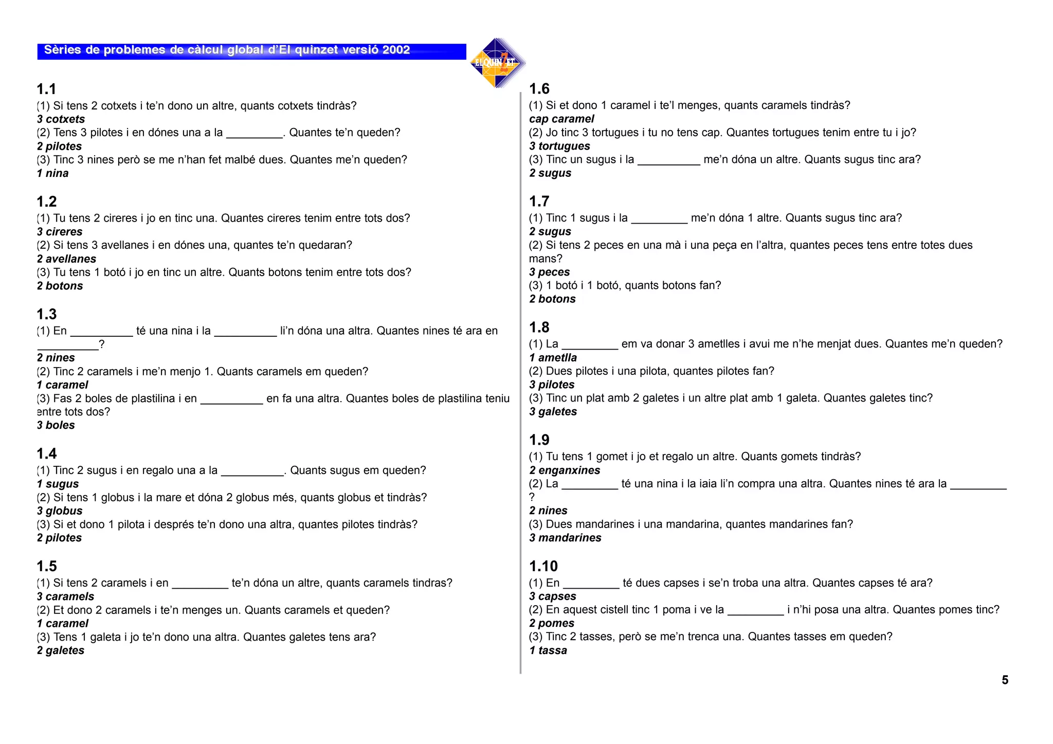 1.1                                                                                                1.6
(1) Si tens 2 cotxets i te’n dono un altre, quants cotxets tindràs?                                (1) Si et dono 1 caramel i te’l menges, quants caramels tindràs?
3 cotxets                                                                                          cap caramel
(2) Tens 3 pilotes i en dónes una a la _________. Quantes te’n queden?                             (2) Jo tinc 3 tortugues i tu no tens cap. Quantes tortugues tenim entre tu i jo?
2 pilotes                                                                                          3 tortugues
(3) Tinc 3 nines però se me n’han fet malbé dues. Quantes me’n queden?                             (3) Tinc un sugus i la __________ me’n dóna un altre. Quants sugus tinc ara?
1 nina                                                                                             2 sugus

1.2                                                                                                1.7
(1) Tu tens 2 cireres i jo en tinc una. Quantes cireres tenim entre tots dos?                      (1) Tinc 1 sugus i la _________ me’n dóna 1 altre. Quants sugus tinc ara?
3 cireres                                                                                          2 sugus
(2) Si tens 3 avellanes i en dónes una, quantes te’n quedaran?                                     (2) Si tens 2 peces en una mà i una peça en l’altra, quantes peces tens entre totes dues
2 avellanes                                                                                        mans?
(3) Tu tens 1 botó i jo en tinc un altre. Quants botons tenim entre tots dos?                      3 peces
2 botons                                                                                           (3) 1 botó i 1 botó, quants botons fan?
                                                                                                   2 botons
1.3
(1) En __________ té una nina i la __________ li’n dóna una altra. Quantes nines té ara en         1.8
__________?                                                                                        (1) La _________ em va donar 3 ametlles i avui me n’he menjat dues. Quantes me’n queden?
2 nines                                                                                            1 ametlla
(2) Tinc 2 caramels i me’n menjo 1. Quants caramels em queden?                                     (2) Dues pilotes i una pilota, quantes pilotes fan?
1 caramel                                                                                          3 pilotes
(3) Fas 2 boles de plastilina i en __________ en fa una altra. Quantes boles de plastilina teniu   (3) Tinc un plat amb 2 galetes i un altre plat amb 1 galeta. Quantes galetes tinc?
entre tots dos?                                                                                    3 galetes
3 boles
                                                                                                   1.9
1.4                                                                                                (1) Tu tens 1 gomet i jo et regalo un altre. Quants gomets tindràs?
(1) Tinc 2 sugus i en regalo una a la __________. Quants sugus em queden?                          2 enganxines
1 sugus                                                                                            (2) La _________ té una nina i la iaia li’n compra una altra. Quantes nines té ara la _________
(2) Si tens 1 globus i la mare et dóna 2 globus més, quants globus et tindràs?                     ?
3 globus                                                                                           2 nines
(3) Si et dono 1 pilota i després te’n dono una altra, quantes pilotes tindràs?                    (3) Dues mandarines i una mandarina, quantes mandarines fan?
2 pilotes                                                                                          3 mandarines

1.5                                                                                                1.10
(1) Si tens 2 caramels i en _________ te’n dóna un altre, quants caramels tindras?                 (1) En _________ té dues capses i se’n troba una altra. Quantes capses té ara?
3 caramels                                                                                         3 capses
(2) Et dono 2 caramels i te’n menges un. Quants caramels et queden?                                (2) En aquest cistell tinc 1 poma i ve la _________ i n’hi posa una altra. Quantes pomes tinc?
1 caramel                                                                                          2 pomes
(3) Tens 1 galeta i jo te’n dono una altra. Quantes galetes tens ara?                              (3) Tinc 2 tasses, però se me’n trenca una. Quantes tasses em queden?
2 galetes                                                                                          1 tassa

                                                                                                                                                                                                    5
 