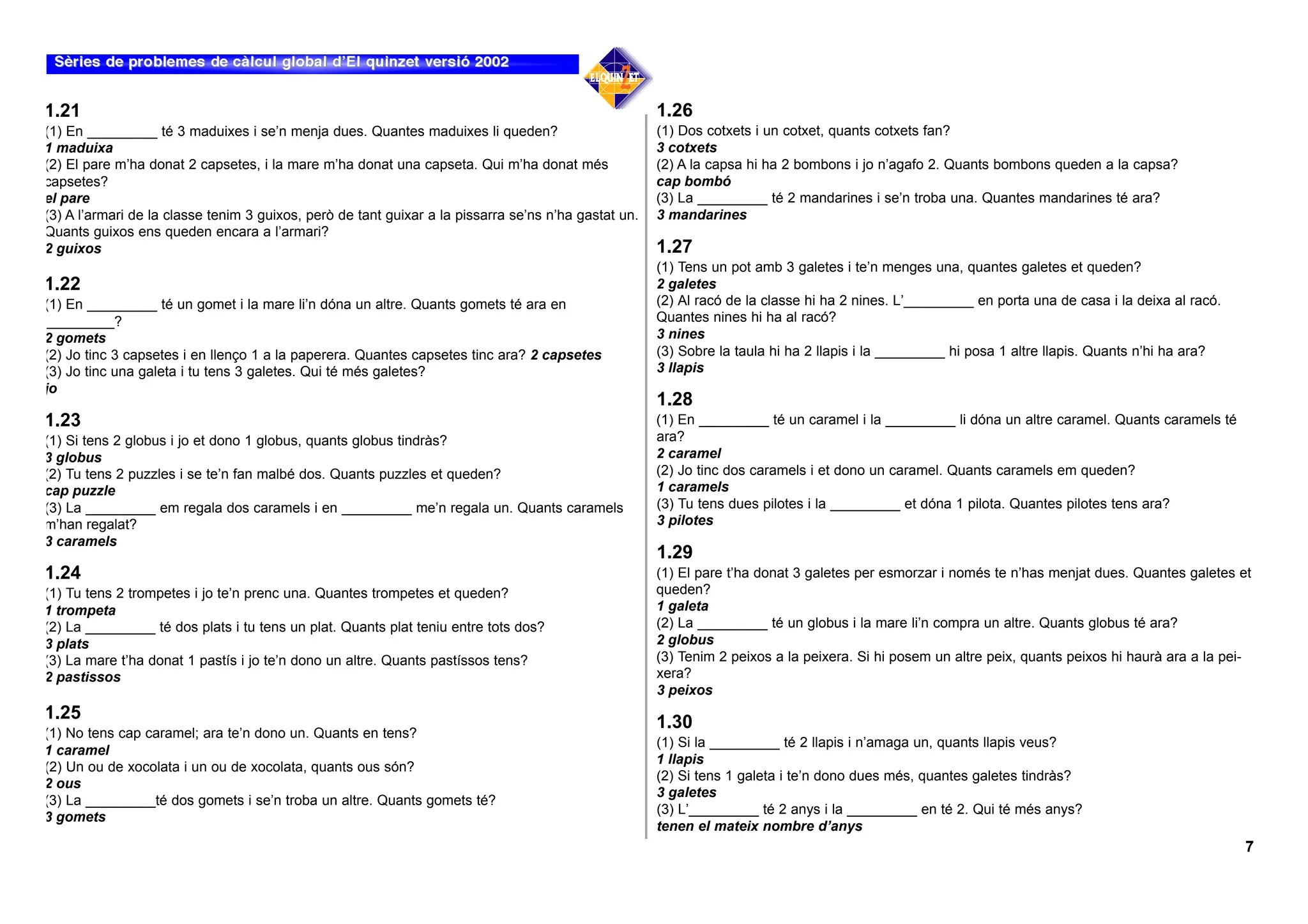 1.21                                                                                                  1.26
(1) En _________ té 3 maduixes i se’n menja dues. Quantes maduixes li queden?                         (1) Dos cotxets i un cotxet, quants cotxets fan?
1 maduixa                                                                                             3 cotxets
(2) El pare m’ha donat 2 capsetes, i la mare m’ha donat una capseta. Qui m’ha donat més               (2) A la capsa hi ha 2 bombons i jo n’agafo 2. Quants bombons queden a la capsa?
capsetes?                                                                                             cap bombó
el pare                                                                                               (3) La _________ té 2 mandarines i se’n troba una. Quantes mandarines té ara?
(3) A l’armari de la classe tenim 3 guixos, però de tant guixar a la pissarra se’ns n’ha gastat un.   3 mandarines
Quants guixos ens queden encara a l’armari?
2 guixos                                                                                              1.27
                                                                                                      (1) Tens un pot amb 3 galetes i te’n menges una, quantes galetes et queden?
1.22                                                                                                  2 galetes
(1) En _________ té un gomet i la mare li’n dóna un altre. Quants gomets té ara en                    (2) Al racó de la classe hi ha 2 nines. L’_________ en porta una de casa i la deixa al racó.
_________?                                                                                            Quantes nines hi ha al racó?
2 gomets                                                                                              3 nines
(2) Jo tinc 3 capsetes i en llenço 1 a la paperera. Quantes capsetes tinc ara? 2 capsetes             (3) Sobre la taula hi ha 2 llapis i la _________ hi posa 1 altre llapis. Quants n’hi ha ara?
(3) Jo tinc una galeta i tu tens 3 galetes. Qui té més galetes?                                       3 llapis
jo
                                                                                                      1.28
1.23                                                                                                  (1) En _________ té un caramel i la _________ li dóna un altre caramel. Quants caramels té
(1) Si tens 2 globus i jo et dono 1 globus, quants globus tindràs?                                    ara?
3 globus                                                                                              2 caramel
(2) Tu tens 2 puzzles i se te’n fan malbé dos. Quants puzzles et queden?                              (2) Jo tinc dos caramels i et dono un caramel. Quants caramels em queden?
cap puzzle                                                                                            1 caramels
(3) La _________ em regala dos caramels i en _________ me’n regala un. Quants caramels                (3) Tu tens dues pilotes i la _________ et dóna 1 pilota. Quantes pilotes tens ara?
m’han regalat?                                                                                        3 pilotes
3 caramels
                                                                                                      1.29
1.24                                                                                                  (1) El pare t’ha donat 3 galetes per esmorzar i només te n’has menjat dues. Quantes galetes et
(1) Tu tens 2 trompetes i jo te’n prenc una. Quantes trompetes et queden?                             queden?
1 trompeta                                                                                            1 galeta
(2) La _________ té dos plats i tu tens un plat. Quants plat teniu entre tots dos?                    (2) La _________ té un globus i la mare li’n compra un altre. Quants globus té ara?
3 plats                                                                                               2 globus
(3) La mare t’ha donat 1 pastís i jo te’n dono un altre. Quants pastíssos tens?                       (3) Tenim 2 peixos a la peixera. Si hi posem un altre peix, quants peixos hi haurà ara a la pei-
2 pastissos                                                                                           xera?
                                                                                                      3 peixos
1.25                                                                                                  1.30
(1) No tens cap caramel; ara te’n dono un. Quants en tens?
                                                                                                      (1) Si la _________ té 2 llapis i n’amaga un, quants llapis veus?
1 caramel
                                                                                                      1 llapis
(2) Un ou de xocolata i un ou de xocolata, quants ous són?
                                                                                                      (2) Si tens 1 galeta i te’n dono dues més, quantes galetes tindràs?
2 ous
                                                                                                      3 galetes
(3) La _________té dos gomets i se’n troba un altre. Quants gomets té?
                                                                                                      (3) L’_________ té 2 anys i la _________ en té 2. Qui té més anys?
3 gomets
                                                                                                      tenen el mateix nombre d’anys
                                                                                                                                                                                                     7
 