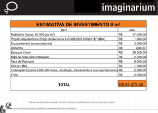  Programa de necessidades:- 1 Painel Eucadur 1,50 x 1,40 x 0,10m; 1 Balcão check out 1,0 x 1,0 x 0,50m;